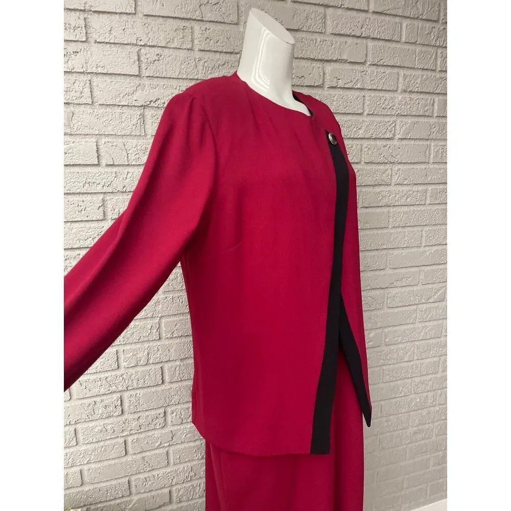 Leslie Fay Women Short Sleeve Red Dress With Asymmetric Trim Jacket 2 Pcs Set Si